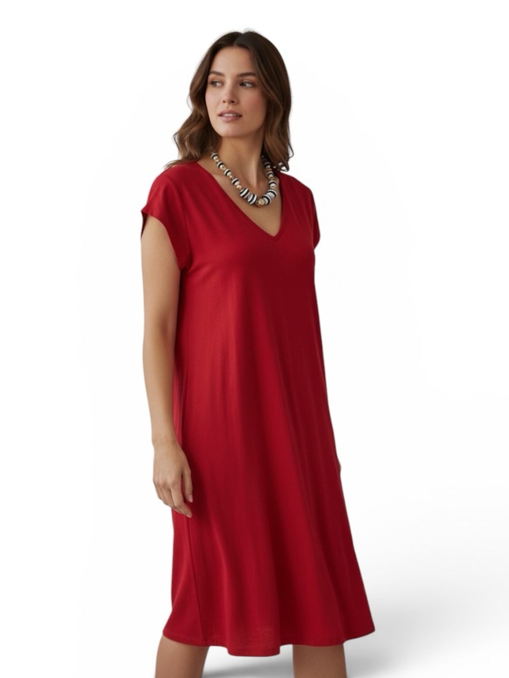 Karen Kane V-Neck Linen Blend Red Shift Dress w/ Back Pleat, size large